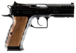 Tanfoglio IFG TFSTOCKI10 Defiant Stock I 10mm Auto Caliber with 4.50" Barrel, 13+1 Capacity, Overall Black Finish Steel, Picatinny Rail/Beavertail Frame, Serrated Slide & Wood Grip