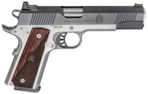 Springfield Armory PX9121L 1911 Ronin 10mm Auto 8+1, 5" Stainless Match Grade Steel Barrel, Blued Serrated Carbon Steel Slide, Stainless Steel Steel Frame w/Beavertail, Crossed Cannon Wood Grip
