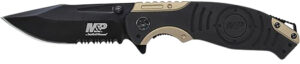 Smith & Wesson Knives SWP13BSCP M&P  3.50" Folding Drop Point Part Serrated Stonewashed 8Cr13MoV SS Blade/Black & Tan Aluminum Handle Includes Pocket Clip