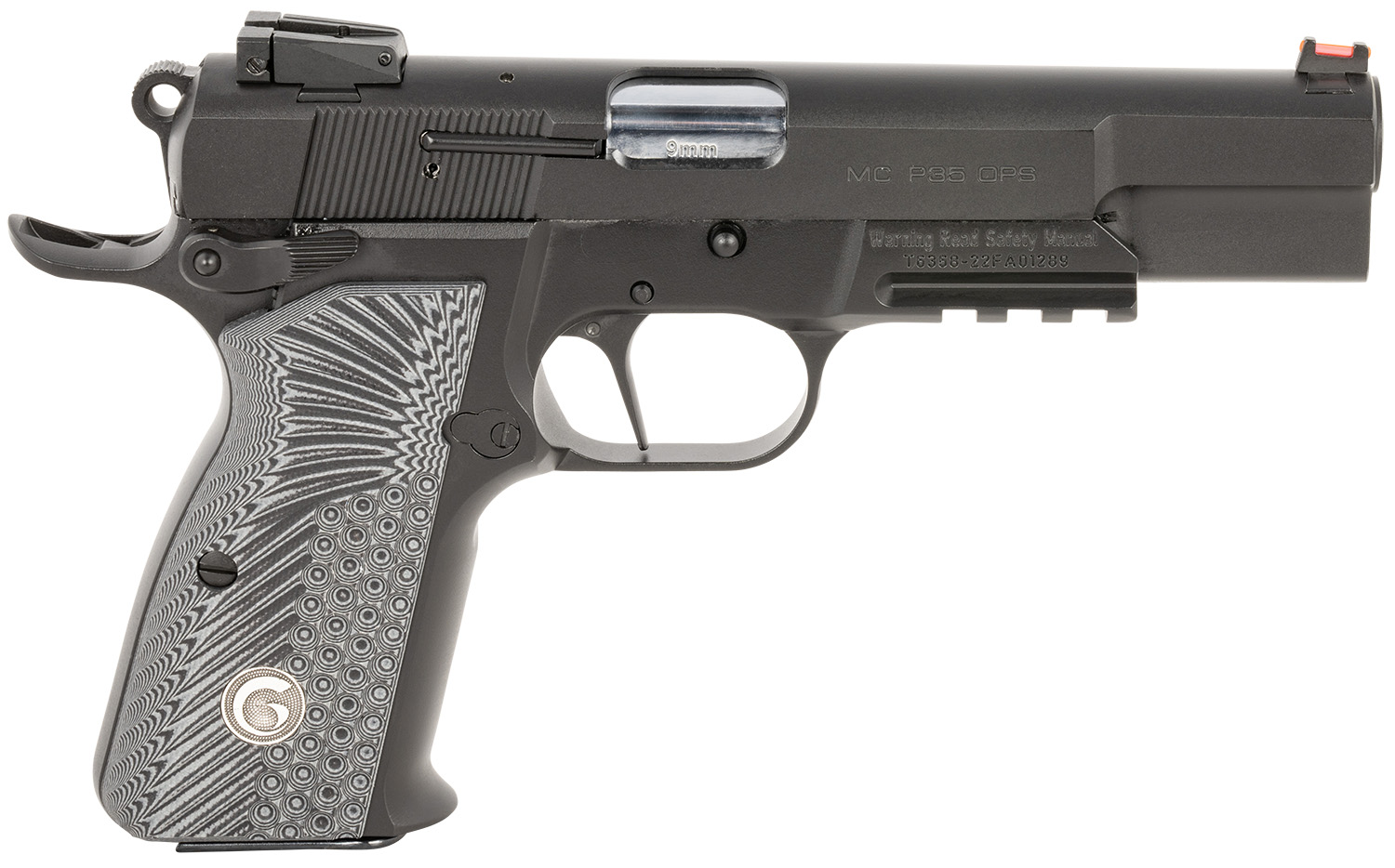 EAA GIRSAN 390470 MCP35 Match 9mm Luger 15+1 4.87" Stainless Steel Barrel, Matte Black Serrated Slide, Matte Black Steel Frame w/Accessory Rail & Beavertail, Black/Gray Checkered Grips Ambidextrous