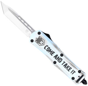 CobraTec Knives SCATIFS3TNS FS-3 Come And Take It Small 3" OTF Tanto Plain Satin D2 Steel Blade, 4.50" White "Come And Take It" Aluminum Cerakoted Handle