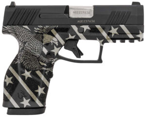 Taurus 1-GX2931-10EN1 GX2 Compact Frame 9mm Luger 10+1 3.38" Stainless Steel Barrel, Matte Black Serrated Alloy Steel Slide, Black w/Eagle, Stars & Stripes Polymer Frame w/Accessory Rail