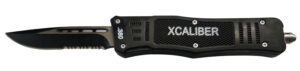 Xcaliber Knife Company  380 ACP  Medium 3.25" OTF Part Serrated Black 440C SS Blade, 4.64" Steel Handle