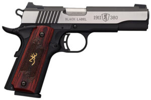 Browning 051912492 1911-380 Black Label Medallion Pro 380 ACP 8+1 4.25" Target Crown Barrel, Blackened w/Silver Polished Flats Serrated SS Slide, Matte Black Polymer Frame  w/Beavertail