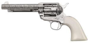 Taylors & Company 200061 1873 Cattle Brand Pietta 45 Colt (Long Colt) 6 Shot 5.50" Nickel Engraved Round Barrel, Cylinder & Steel Frame, White PVC Navy Grip, Exposed Hammer